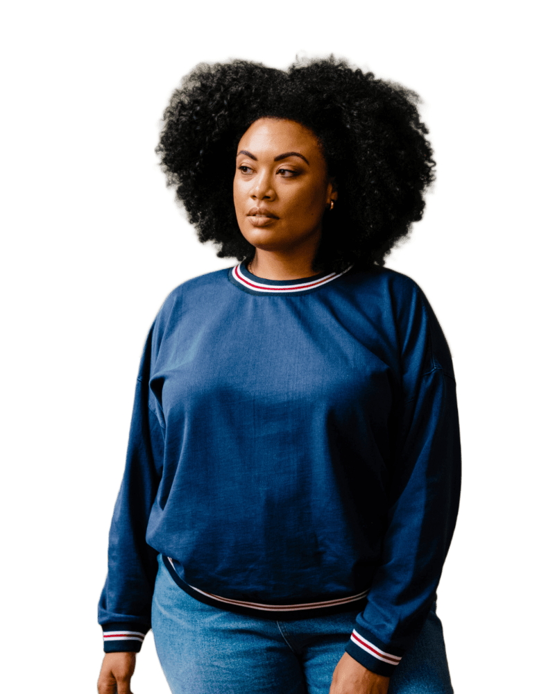 Front of a model wearing a size XL Oaklyn Fleece Sweatshirt in Navy by ABLE. | dia_product_style_image_id:316048